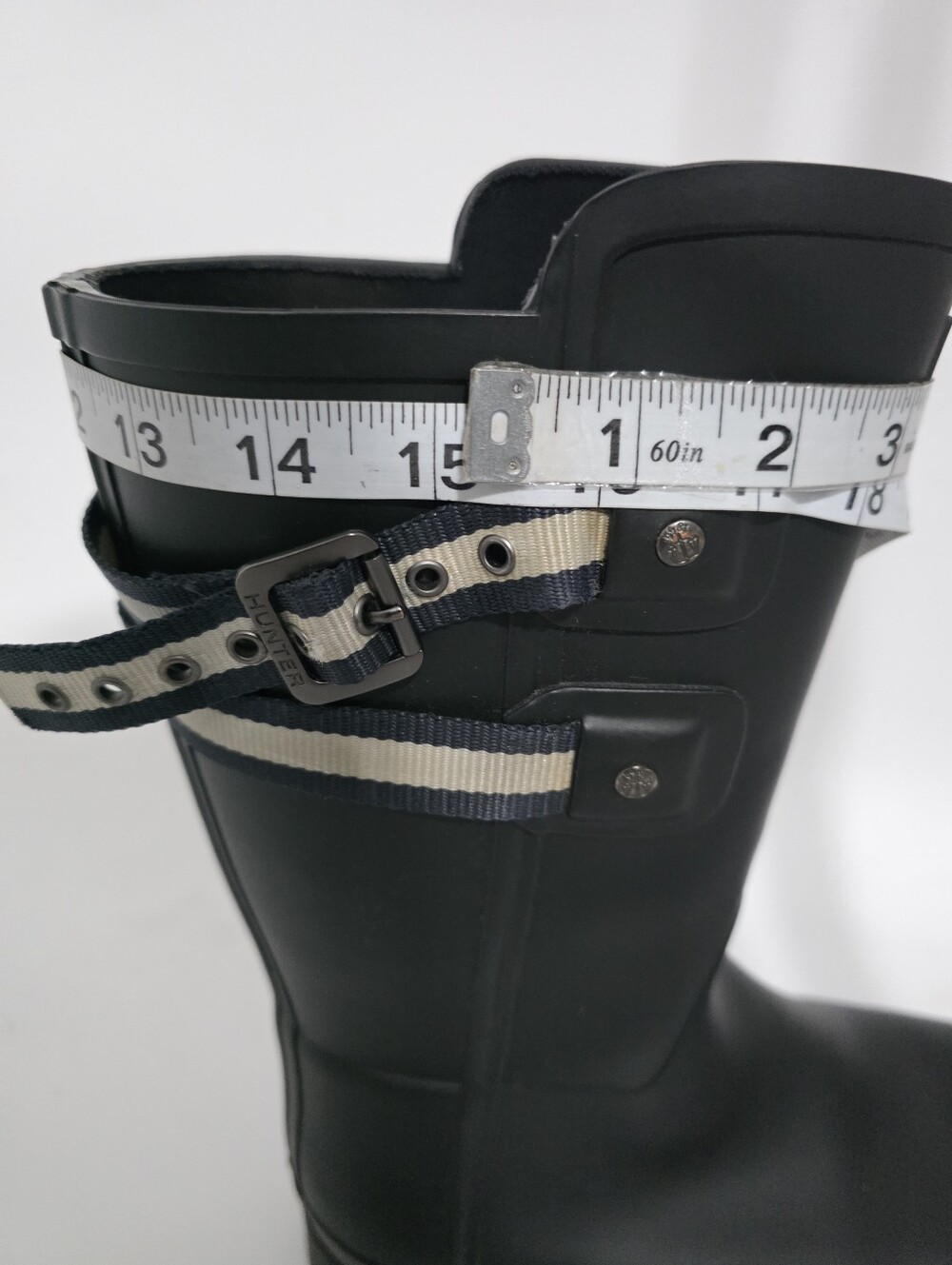 Hunter Womens 9 Black Rain Boots Striped Buckle Waterproof Rubber Wellies - Picture 10 of 11